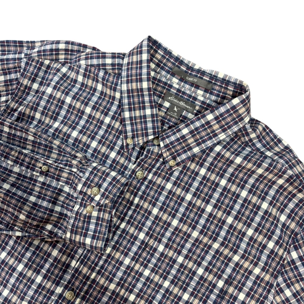 EDDIE BAUER Button Up Shirt Mens XL Blue Red Plaid Classic Fit Cotton Casual